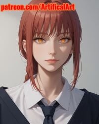 1girls ai_generated artifical_art braid braided_ponytail chainsaw_man light-skinned_female long_hair makima_(chainsaw_man) medium_breasts perfect_body red_hair ringed_eyes small_waist yellow_eyes