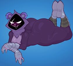 1girls 4_fingers analog_worm anthro ass_bigger_than_head bear big_ass blush bottom_heavy bubble_ass bubble_butt clawed_fingers cleavage crossed_arms epic_games eye_scar feet_up footwear fortnite furry gloves headwear hips laying_down laying_on_stomach purple_fur raven_team_leader scar slight_blush slightly_chubby thick_thighs toned_legs two_tone_fur wide_hips