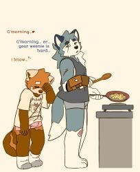 ailurid anthro band-aid bandage blue_body blue_fur brown_body brown_fur bulge canid canine canis clothing cooking cookware countershade_arms countershade_legs countershade_tail countershading domestic_dog duo footwear frying_pan fur gloves grey_clothing handwear hi_res husky imnothere kitchen_utensils male mammal markings neck_tuft nordic_sled_dog orange_body orange_fur oversized_clothing pink_clothing red_panda rubbing_eye scar siberian_husky socks spitz striped_body striped_fur striped_markings striped_tail stripes tail tail_markings tired tools tuft underwear