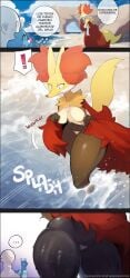 1boy 1girls artist_request beach bikini delphox pokemon spanish_text