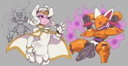 2boys alternate_form android animal_ears armor arms_behind_head arms_up ass black_sclera blush bodysuit bright_pupils caliginousarts cape colored_sclera colored_skin cubit_foxtar cubit_foxtar_(mega_man) dual_persona femboy fire fox_boy fox_ears furrowed_brow furry furry_male gloves highres humanoid_robot large_penis looking_at_viewer male_focus male_only mega_man mega_man_(series) mega_man_zero mega_man_zero_(series) mega_man_zero_3 multiple_boys orange_armor penis pink_eyes pink_skin purple_eyes purple_fire red_eyes robot robot_ears short_hair smile testicles trap veins veiny_penis white_bodysuit white_cape white_gloves white_hair white_pupils will-o'-the-wisp_(mythology) zero(z)_(mega_man) zero_(mega_man)