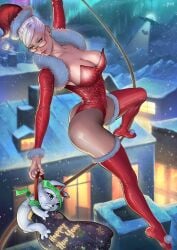 big_ass character_request cleavage dandadan female female_focus happy_new_year jtvll santa_hat thick_thighs