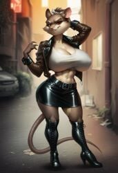 ai_generated anthro anthro_milf biker_jacket genderswap_(mtf) high_heel_boots high_heels huge_breasts knee_boots leather_skirt master_splinter milf mistress_splinter rat_girl rule_63 t-shirt teenage_mutant_ninja_turtles werewolfmortisad294