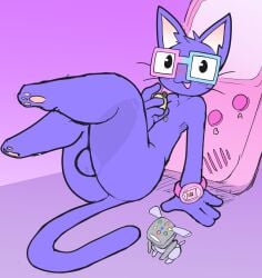 2025 anthro balls big_penis biped blush digital_media_(artwork) domestic_cat erection eyewear felid feline felis fur game_boy game_boy_family genitals glasses gradient_background hair hi_res humanoid_genitalia humanoid_penis idog kaykay_(kkclue) kkclue legs_up looking_at_viewer male mammal multicolored_eyewear neko3240 nintendo nude open_mouth pawpads penis purple_body purple_fur purple_hair purple_tail reclining simple_background solo tail tamagotchi whiskers x-ray_view youtuber