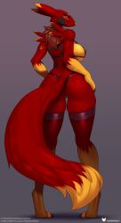 anthro ass bandai_namco big_breasts big_butt biped breasts clothed clothing digimon digimon_(species) doomthewolf female fur genitals hi_res legwear looking_at_viewer looking_back pupils pussy pussy_floss rear_view red_body red_fur renamon ryva_hellfyre simple_background smile solo thick_thighs thigh_highs thong underwear