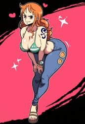 ai_generated bikini clothing d-art_style female female_only huge_ass huge_breasts jeans lubbasdump nami nami_(one_piece) one_piece orange_hair smile wide_hips