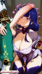 ai_generated big_penis cheek_poke cleavage genshin_impact huge_breasts kneeling looking_at_penis penis_on_face raiden_shogun spoken_heart testicles thick_thigh thighhighs venti_(genshin_impact)