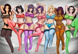 10:7 6+girls 7girls amenoosa big_breasts black_hair bleach blonde_hair blue_eyes breasts brown_hair cana_alberona clothing crossover dark-skinned_female dark_skin fairy_tail female female_only ghost_in_the_shell gilf huge_breasts kaina_tsutsumi kusanagi_motoko lady_nagant large_breasts lingerie medium_hair milf multiple_girls my_hero_academia nana_shimura naruto nico_robin one_piece purple_eyes purple_hair shihouin_yoruichi tsunade