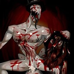 big_claws blood blood_on_face cum_in_pussy cum_inside cuntboy flanco gay humanoid identity_v intersex jack_the_ripper_(identity_v) large_tongue pussy riding_penis top_hat white_body