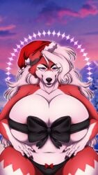 9:16 anthro areolae big_breasts bow_ribbon breasts canid canine christmas christmas_clothing christmas_headwear claws clothing curvy_figure female floppy_ears fur generation_7_pokemon hand_on_hip hat headgear headwear hi_res holidays huge_breasts lingerie lycanroc mammal midnight_lycanroc mostly_nude mountain nintendo overweight overweight_anthro overweight_female panties pink_areola pokemon pokemon_(species) red_body red_fur santa_hat solo sunset thick_thighs underwear unluckyoni voluptuous white_body white_fur white_hair wide_hips