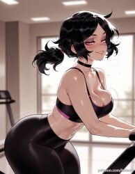 ai_generated ashley_graves balecxi black_hair bouncing_ass bouncing_breasts breasts choker exercise goth goth_girl gym pale-skinned_female pale_skin sports_bra the_coffin_of_andy_and_leyley treadmill yoga_pants