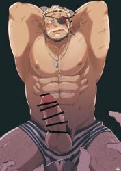 balls balor_(tokyo_afterschool_summoners) bara beard big_penis boner erection facial_hair hands_behind_head male male_only muscles muscular penis pov rudolph_trnd solo_focus tokyo_afterschool_summoners