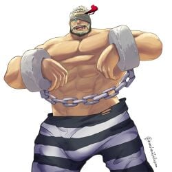 balls balor_(tokyo_afterschool_summoners) bara beard big_bulge bulge facial_hair flaccid male male_only muscles muscular omochiwotakusan penis shirtless solo solo_male tokyo_afterschool_summoners