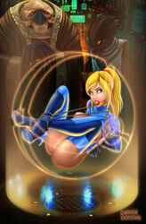 2boys adapted_costume ball_gag blonde_hair blue_eyes bondage breasts cabroon captured chozo female gag gagged lips looking_at_viewer metroid multiple_males nintendo nipples ponytail pussy restrained samus_aran teeth thigh_boots tied_hair tied_up uncensored zero_suit zero_suit_samus