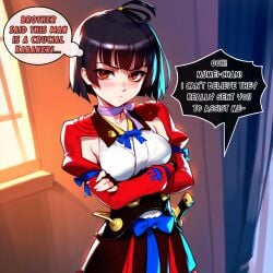 absurd_res absurdres ai_generated black_hair blush color commentary corset darklust dialogue english english_commentary english_dialogue english_text female hi_res high_resolution highres human koutetsujou_no_kabaneri large_breasts motion_blur motion_lines mumei_(kabaneri) novelai self_upload speech_bubble speed_lines sweat tagme text uncensored