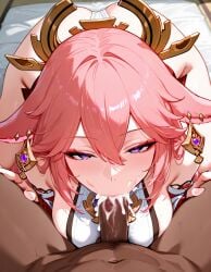 ai_generated blowjob dark-skinned_male genshin_impact pink_hair pov pov_eye_contact