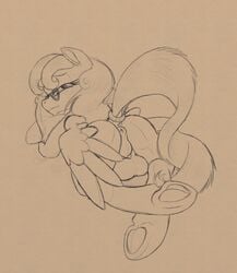 anus ass backsack balls equine eyewear glasses line_art looking_back lying mammal monochrome my_little_pony on_front pegasus perineum petrock pillow_hug pinup pose quadruped raised_tail rule_63 seductive sketch solo starcrosser wings