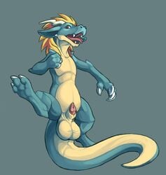 1boy animal_genitalia big_testicles blue_skin claws digitigrade dragon fangs feet half-erect hexacult horn horns hyper jumping leg_up looking_at_viewer male male_only nintendo no_nipples nude open_mouth original_character penis pokemon red_eyes scalie sheath smile solo tail testicles tongue tongue_out video_games yellow_hair yellow_skin