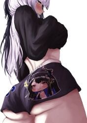 ass ass ass_focus back_view barely_contained big_ass black_and_white_hair black_dress black_hair blush breasts crop_top female looking_down nerissa_ravencroft shiori_novella short_shorts shorts thick_thighs thighs two_tone_hair virtual_youtuber vtuber white_hair yellow_eyes