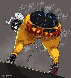 1girls ass ass_clapping ass_cleavage big_ass black_body bomb bomb_gal_(androjuniarto) bomb_girl bomb_humanoid bottom_heavy bubble_butt butt_crack clapping_ass clapping_buttocks clapping_cheeks dat_ass fanart fat_ass female female_only huge_ass joaoppereiraus large_ass looking_at_viewer looking_back massive_ass musk musk_clouds original original_character ripped_clothing solo sweat sweaty_ass sweaty_body text_on_clothing thick_ass thick_thighs twerking vaginal_fluids wet wet_pussy wide_hips