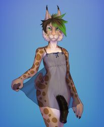 animal_genitalia animal_penis clothed clothing crossdressing dress equine_penis feline flaccid girly green_eyes green_hair hair horsecock invalid_tag looking_at_viewer lunatik lynx male mammal multicolored_hair peeel penis solo two_tone_hair wide_hips