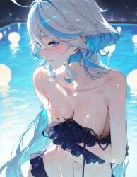 ai_generated bare_arms bare_shoulders bikini bikini_top bikini_top_removed blue_eyes blue_hair blush breasts collarbone covering_breasts female female_only frilled_bikini furina_(genshin_impact) genshin_impact navel pool wet wet_body