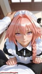 ai_generated astolfo_(fate) blush crossdressing fate/grand_order fate_(series) femboy headpat looking_at_viewer maid pov