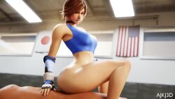 1boy 1girls 3d 3d_animation ajkj ambiguous_penetration american_flag animated biting_own_lip blender_cycles bottomless bouncing_breasts breasts brown_hair choker covered_breasts cowgirl_position elbow_gloves fingerless_gloves gloves indoors japanese_flag kazama_asuka large_breasts medium_hair sex straight tagme tekken tekken_8 video