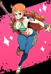 ai_generated bikini clothing d-art_style female female_only huge_ass huge_breasts jeans lubbasdump nami nami_(one_piece) one_piece orange_hair smile wide_hips