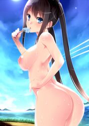 amasora_taichi ass black_hair blue_eyes blue_sky blush body_blush breasts cloud eating female food hand_on_hip long_hair looking_back medium_breasts nipples nude open_mouth original popsicle sky solo sweat tied_hair twintails water wet