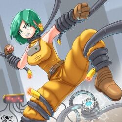 1girls angry_face background female femsub feuerz green_eyes green_hair mechanical_tentacles motorslice p_(motorslice) restrained self_upload tentacle unhappy_female