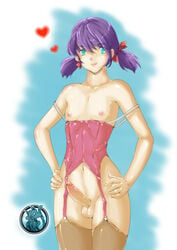 1boy avamon blue_eyes bustier crossdressing erection femboy hands_on_hips male_only nipples penis stockings testicles tied_hair trap twintails