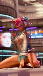 3d 3d_(artwork) 3d_model breasts breasts curvy curvy_body curvy_female curvy_figure curvy_hips emilygrace3d female female_focus female_only fingernails hips kiriko_(overwatch) legs looking_at_viewer nipples on_knees overwatch_2 pink_hair raincoat toenails