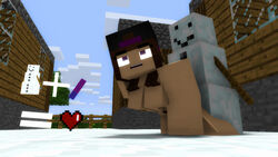 1boy 1boy1girl 1girls 3d big_breasts brown_hair cubic_breasts doggy_style male_penetrating minecraft nude outdoors purple-magic purple_eyes snow snow_golem snowman straight tagme