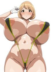 1girls absurdres areolae big_breasts blonde_hair breasts breasts_out brown_eyes brown_hair cleft_of_venus female female_only groin hair_ornament hairclip highres huge_breasts jabara_tornado large_areolae looking_at_viewer narusawa_ryouka nipples occultic;nine panties short_hair smile solo standing thighs underwear