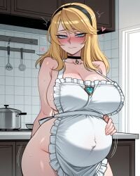 11_22 ai_generated black_choker blonde_hair blue_eyes blush choker cleavage embarrassed frilled_apron half-closed_eyes hand_on_stomach headband heart heavy_breathing huge_breasts kitchen large_breasts league_of_legends league_of_legends:_wild_rift looking_at_viewer luxanna_crownguard motion_lines naked_apron pale_skin pregnant riot_games thick_thighs white_apron wide_hips