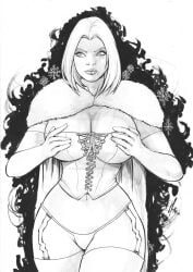 ass big_breasts black_and_white bob_cut breasts cape cleavage corset elbow_gloves emma_frost hellfire_club homero_ricardo marvel marvel_comics panties thick_thighs thighhighs thong thong_panties white_queen x-men