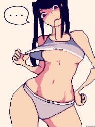 ... biting_hair black_hair exposed_breasts flashing flashing_breasts hair_in_mouth julianne_stingray looking_at_viewer lzmdru4_1_(artist) muscular pixelated presenting red_eyes shadow sports_bra suggestive suggestive_look suggestive_pose tank_top thick_thighs thighs underwear waist white_underwear