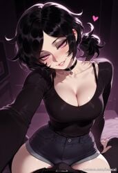 ai_generated ashley_graves balecxi black_hair breasts choker denim denim_shorts erection goth goth_girl high_waisted_shorts looking_at_viewer pale-skinned_female pale_skin short_shorts shorts the_coffin_of_andy_and_leyley tight_shorts