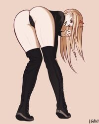 ass ass_focus behind_view bending_over bent_over black_shirt blonde_hair boots horns isavi large_ass looking_back_at_viewer panties power_(chainsaw_man) pussy_peek red_horns shadow suggestive suggestive_look suggestive_pose thick_thighs thighs yellow_eyes