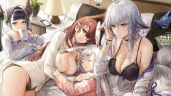 4girls animal_ears azur_lane big_ass big_breasts black_panties bra breasts bunny_ears chikuma_(azur_lane) cleavage foursome game girls katsuragi_(azur_lane) lingerie manjuu_(azur_lane) multiple_girls official_art shimakaze_(azur_lane) shirt shirt_lift tosa_(azur_lane) white_hair wink winking_at_viewer