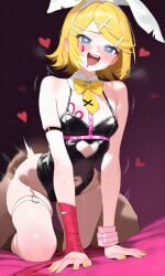 :d ai_generated bed bedroom blue_eyes bunny_ears bunny_girl bunnysuit clothed collar dark_background drool female hair_clips hair_ornaments hair_tie happy heart-shaped_pupils hearts_around_head kagamine_rin kneeling pixai rabbit_hole_(cosplay) rabbit_hole_(vocaloid) sex shoulder_length_hair vocaloid wristwear yellow_hair yellow_nails yellow_tie