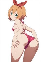 ass_focus ass_grab ass_up big_ass bikini green_eyes large_ass looking_at_viewer looking_back medium_breasts orange_hair petite_body petite_female petra_leyte r0 re:zero_kara_hajimeru_isekai_seikatsu