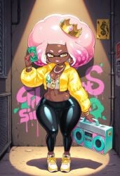 afro ai_generated breasts crown dark-skinned_female dark_skin holding_money hoop_earrings money necklace pants pearl_(splatoon) prostitution race_swap splatoon splatoon_2 tight_clothes tight_clothing wide_hips yellow_eyes