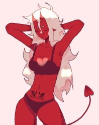 mole mole_under_eye mole_under_mouth oc original_character red_skin succubus succubus_horns succubus_tail succubus_tattoo the_pink_succubus underwear underwear_only vinny_bonnet white_hair