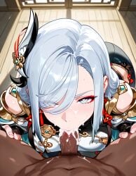 ai_generated blowjob dark-skinned_male genshin_impact pov pov_eye_contact shenhe_(genshin_impact) white_hair