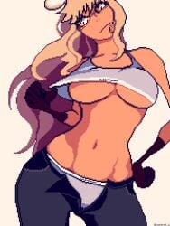 alma_armas blonde_hair blue_jeans breasts flashing flashing_breasts glasses gloves jeans large_breasts lzmdru4_1_(artist) muscular open_jeans panties_exposed pixelated smirk sports_bra tan_body tank_top thick_thighs thighs underwear white_underwear yellow_eyes