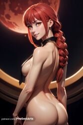 1girls ai_generated artist_name ass back braid braided_ponytail breasts chains chainsaw_man from_behind hi_res lips long_hair looking_at_viewer looking_back makima_(chainsaw_man) medium_breasts moon nose nude orange_eyes parted_lips patreon_username progenarts red_hair red_moon ringed_eyes sideboob sidelocks smile solo web_address yellow_eyes