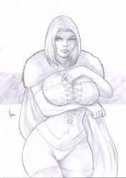 ass big_breasts black_and_white bob_cut breasts cape cleavage corset elbow_gloves emma_frost hellfire_club homero_ricardo marvel marvel_comics panties thick_thighs thighhighs thong thong_panties white_queen x-men