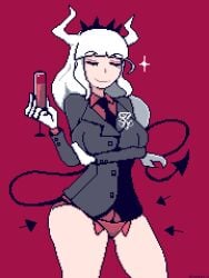 4-1_(lzmdru4_1) alcohol arm_under_breasts breasts closed_eyes crown demon_girl demon_tail drink glass gloves horn horns large_breasts lucifer_(helltaker) panties pixelated red_background red_panties red_shirt shadow smile suit thick_thighs thighs tie white_hair